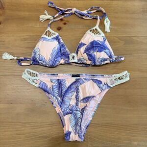 Zingara Womens Tropical Palm Print Crochet Trim Bikini Set Peach Purple 4/6